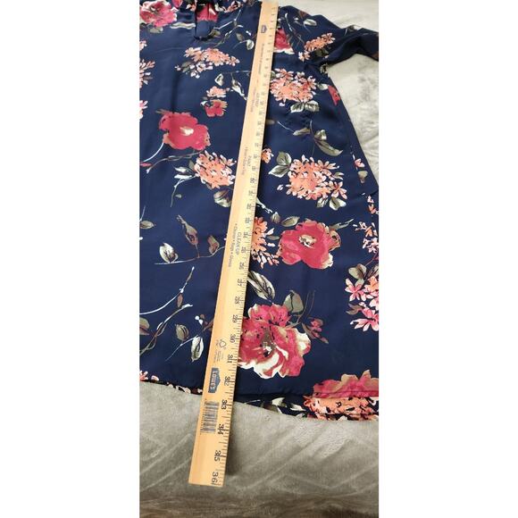Lara Dress Size Large Bow Tie Neck Sheath Navy Floral Roll Tab Sleeve - Picture 6 of 10